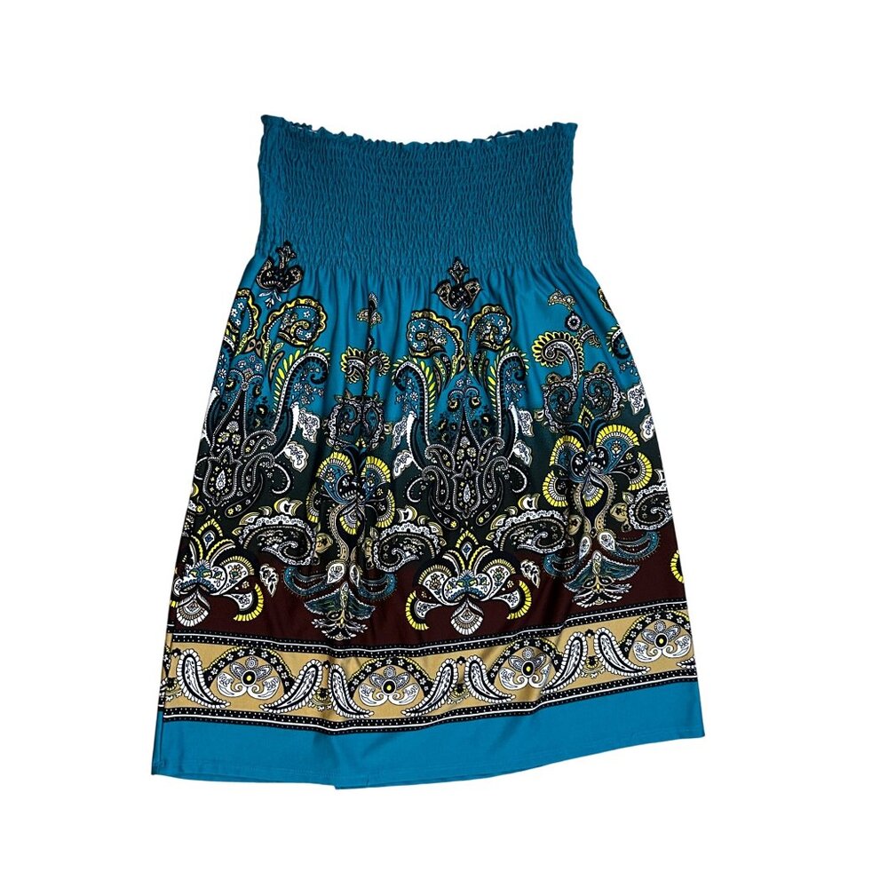 Bailey Blue Women Strapless Smocked Mini Dress Bohemian Paisley Print Large 1663